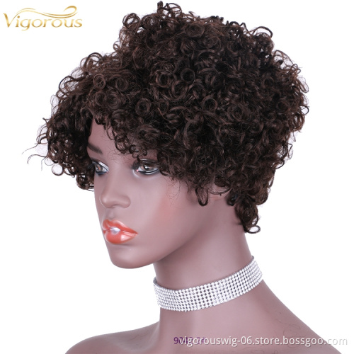 Vigorous Top Quality Brown Afro Kinky Curly Wigs for Black Women Short Side Part Human Hair Wholesale Price